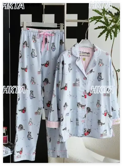 Japanese-style Pajamas for Women Home Wear 100% Cotton Cute Cartoon Print Spring and Autumn Comfortable Loungewear Set Sleepwear