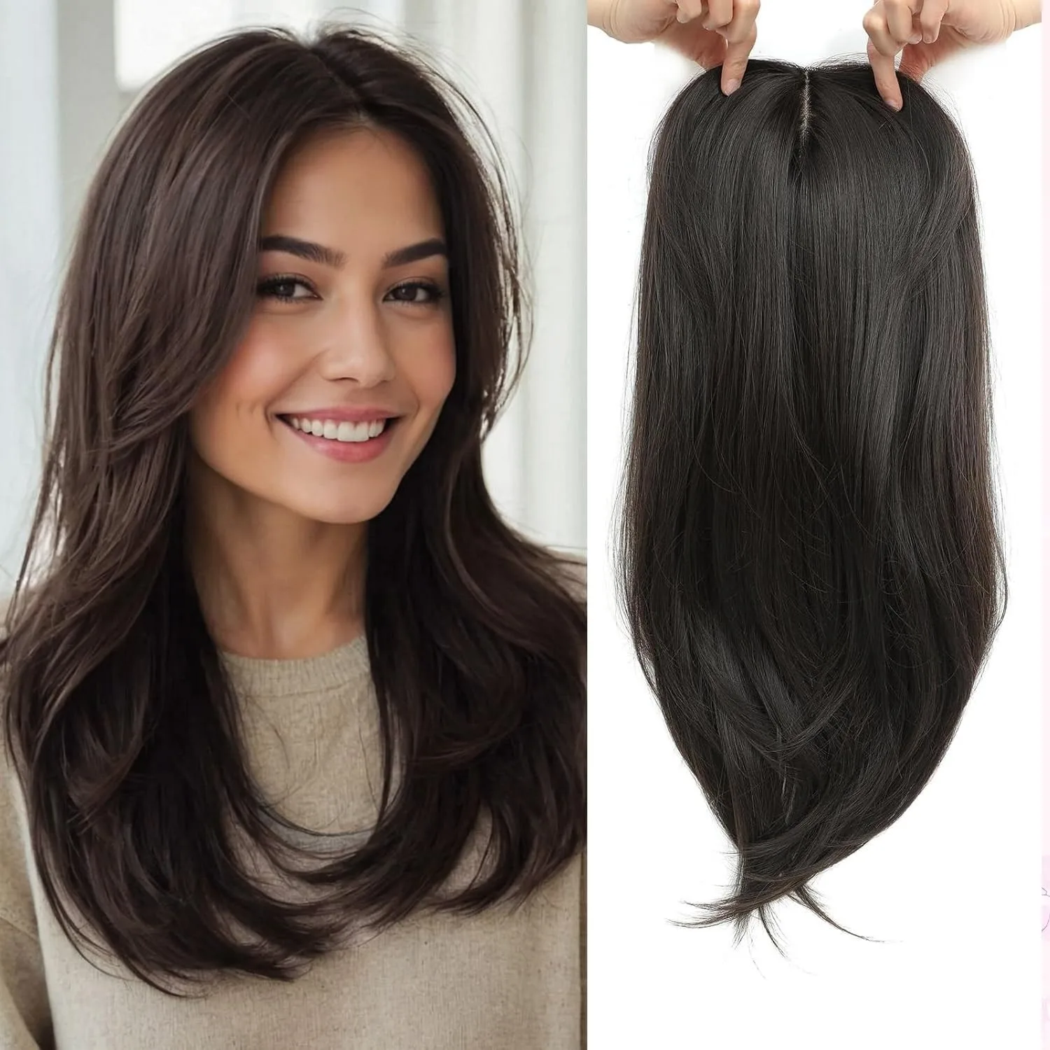 

Realistic Scalp 360 Hair Topper With Bangs For Women Large Coverage 6.5x6.5 Synthetic Hair Pieces 22 Inch Wiglets Add Volume For