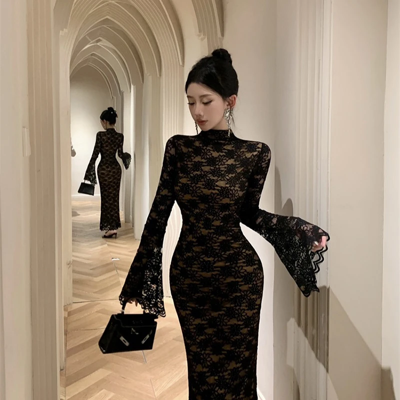 French Style Fashionable Prom Dress Women Retro Elegant Black Sheer Lace Fishtail Long Robe Female Party Banquet Vestidos