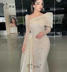 Elegante Dubai donna abiti da sera Champagne chiaro manica lunga perle paillettes abito da festa di nozze robe de soirée luxe héleggante