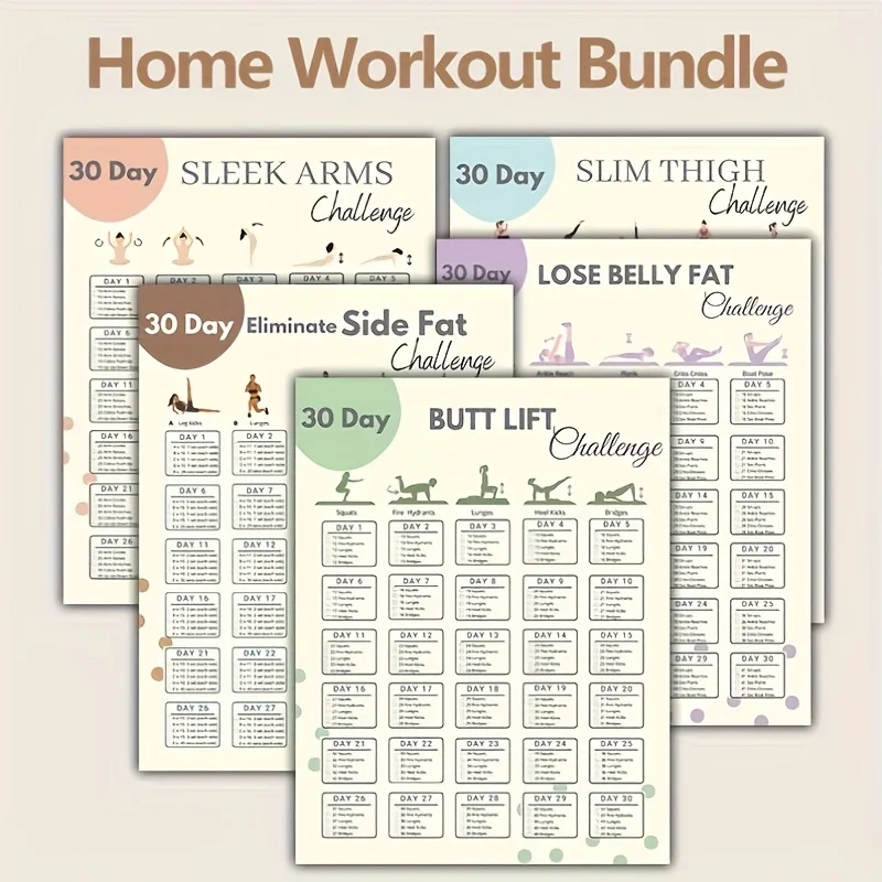Conjunto de carteles de desafío de entrenamiento en casa de 30 días | 10 unidades de planes de fitness para ejercicio de brazos, muslos, cadera, grasa abdominal y grasa lateral, tamaño 20,32 x 25,4 cm