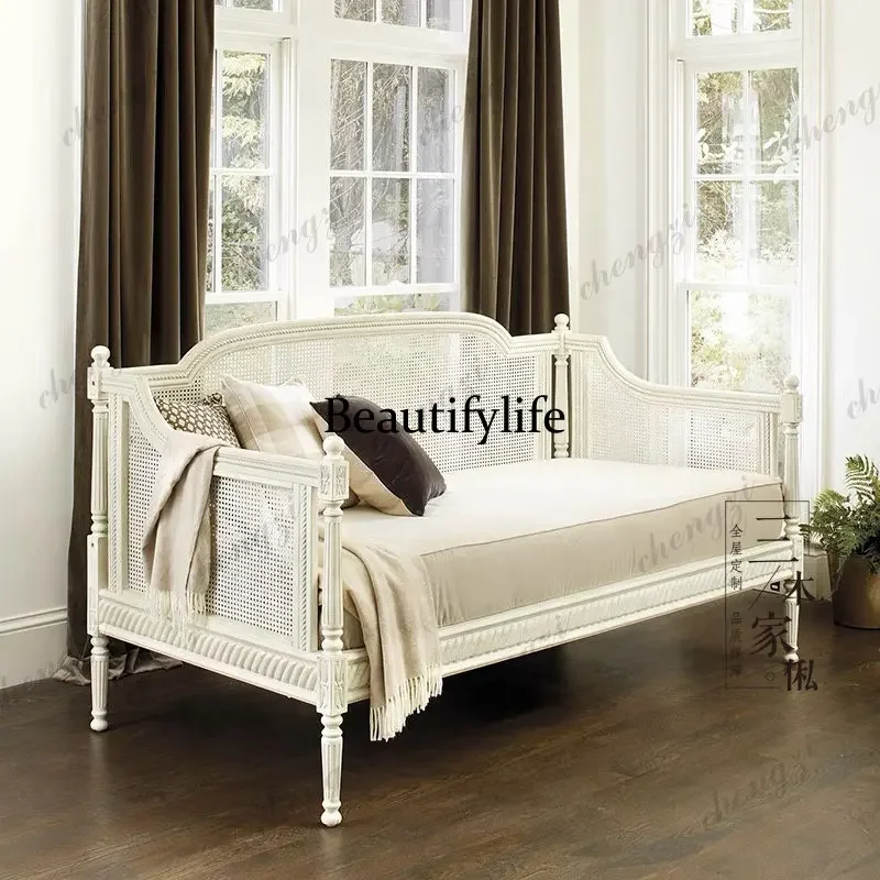 J132 French retro solid wood rattan sofa leisure chair living room reception three-person sofa