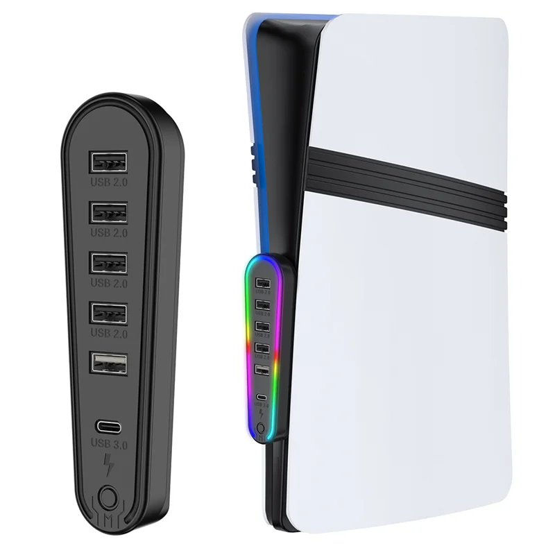 6-In-1 USB 2.0 HUB For PS5 PRO/Slim Host USB Expansion Hub Splitter Data Transmission Extender With RGB Light,Requisite