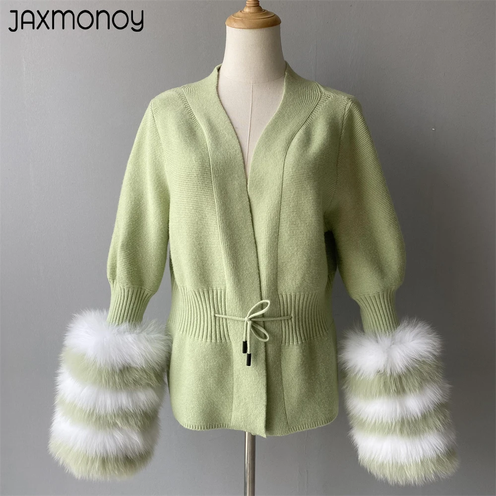 Jaxmonoy Cashmere Cardigan With Real Fox Fur Cuffs Ladies Spring Full Sleeves Belt Slim Knitted Sweater Coat Autumn Outerwear