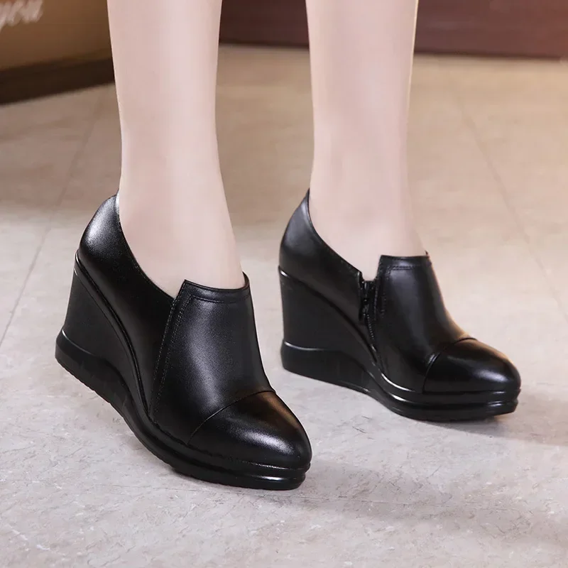 7cm Small Size 32-43 Fall Winter Deep Mouth Platform Wedges Shoes with fur Black 2025 High Heels Pumps Women for Office Mom Work