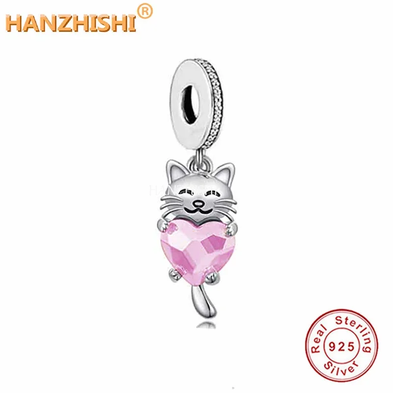 

2022 Spring Fashion 925 Sterling Silver Pink CZ Heart Cat Dangle Charm Bead Fit Original Brand Bracelet Necklace Jewelry Gift