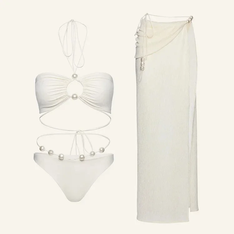 Bikini de cintura alta con cuello Halter para mujer, traje de baño Sexy con perlas, ropa de playa, venta al por mayor, 2024