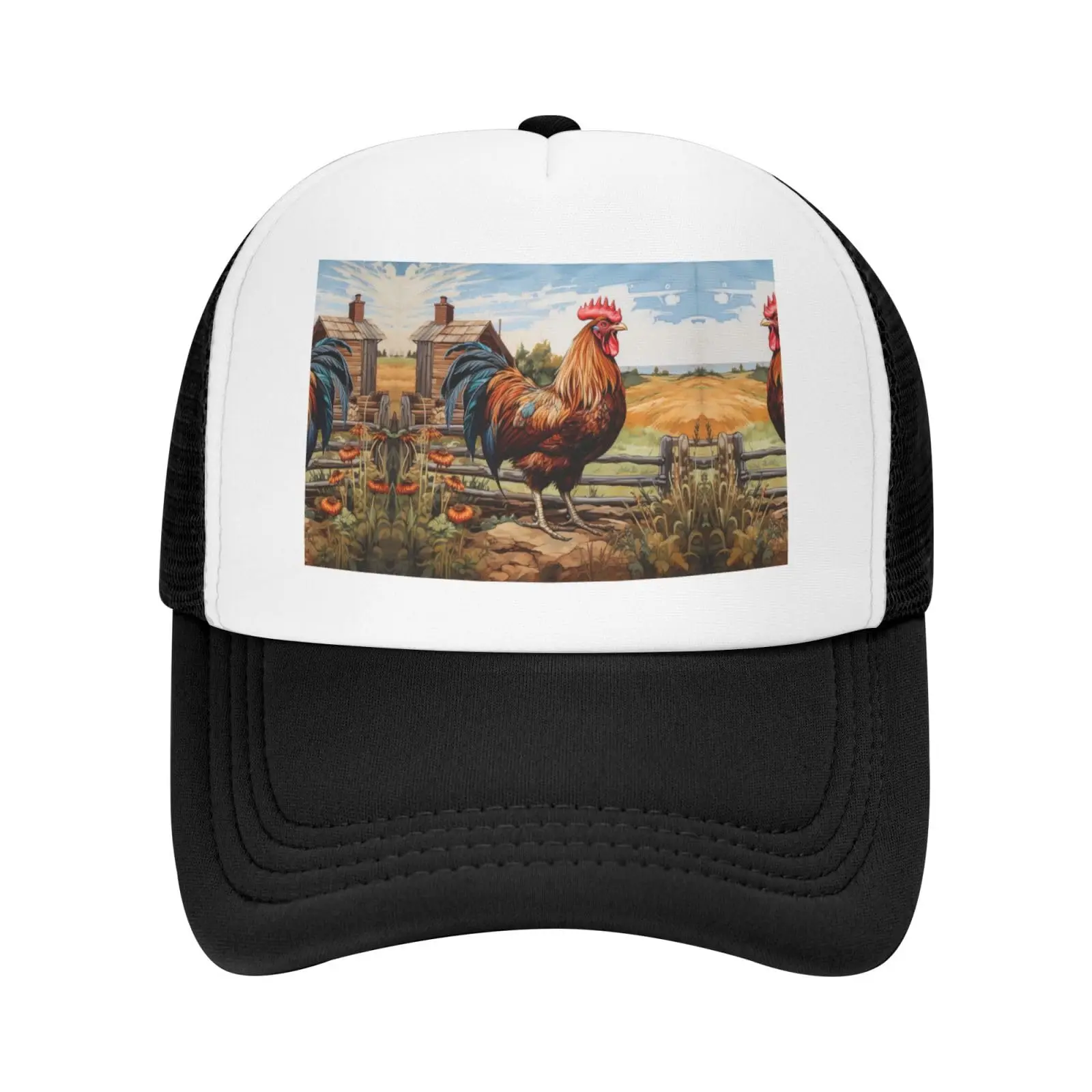 Rooster On Wood in Farmland Dad Golf Hats,Mesh Baseball Cap,Adjustable Polo Trucker Hat for Men Women