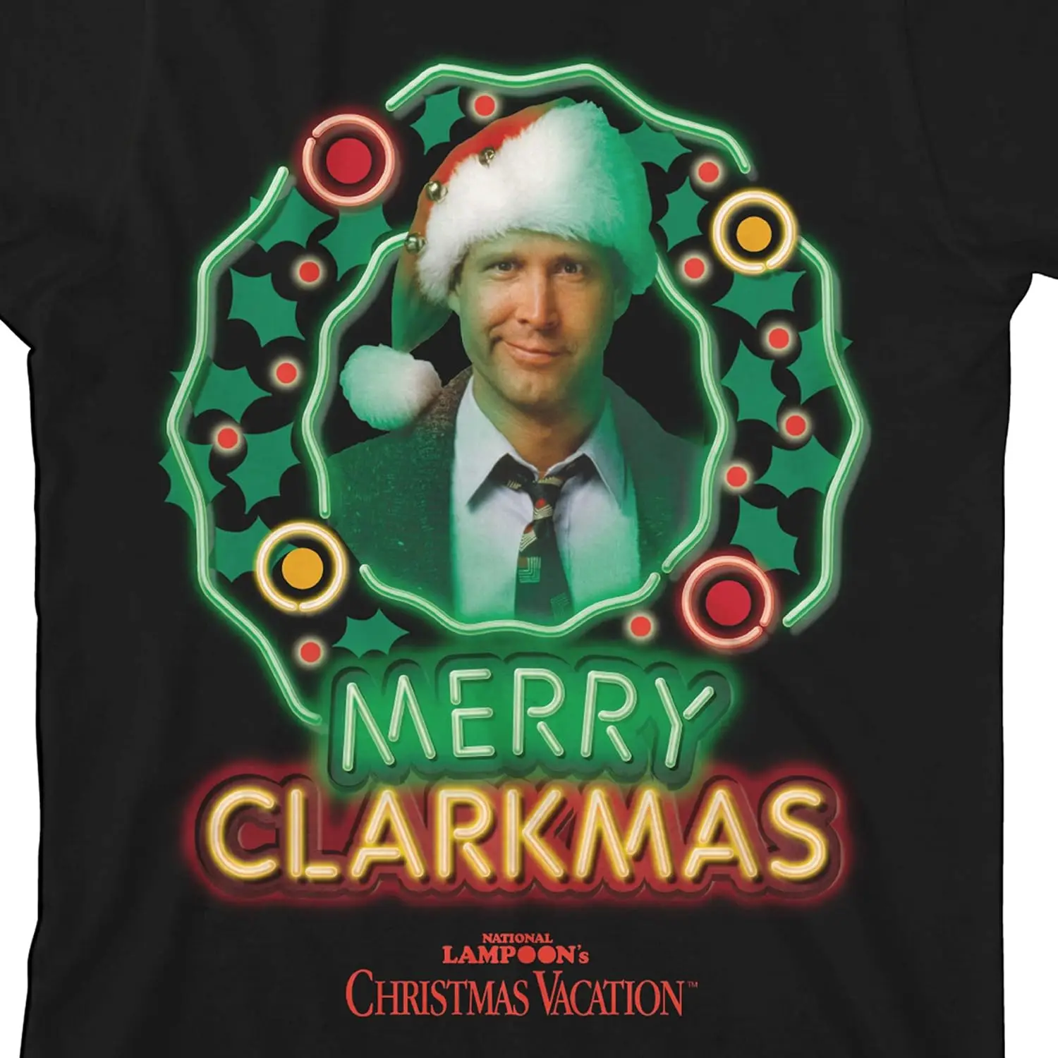 National Lampoon's Christmas Vacation Merry Clarkmas Neon Wreath Black Graphic Tee Toddler Boy to Youth Boy