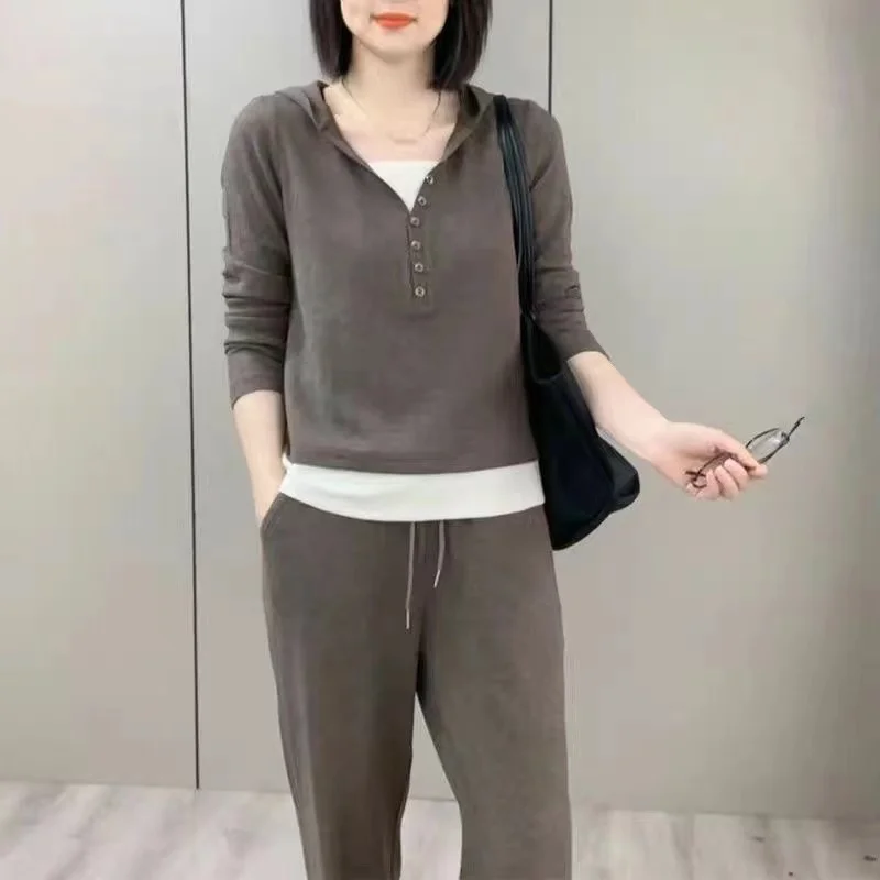 Large size women\'s 2024 autumn outfit new casual slimming fake two-piece hoodie women\'s wide leg pants two-piece set pant sets