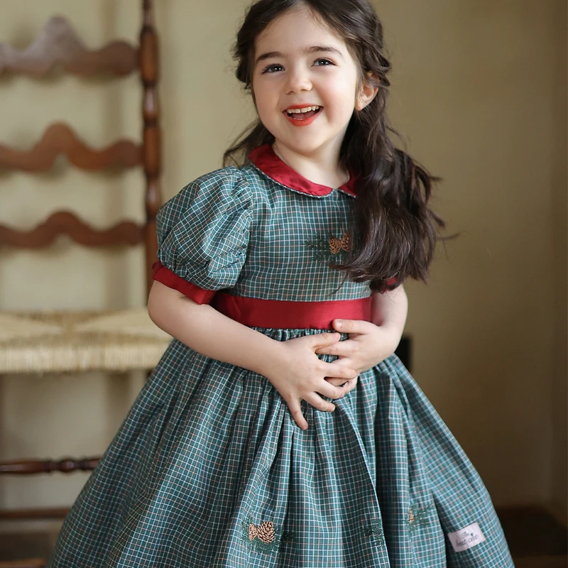 Summer New Handmade Girl\'s Birthday Retro Plaid Lolita Dress Princess Dress Kids Boutique Quality Sweet Dress