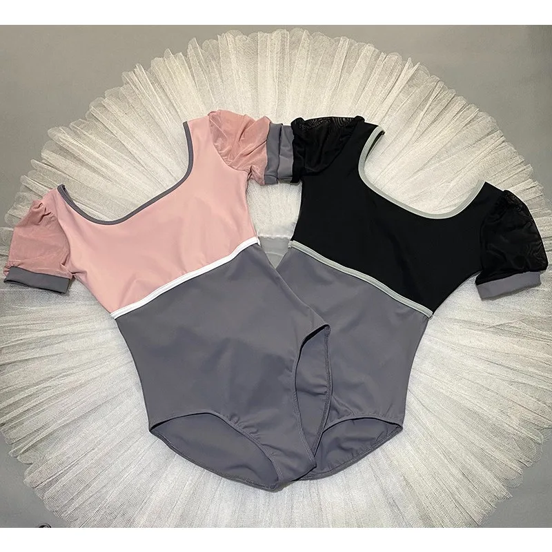 

Women Color Block Puff Sleeve Ballet Leotard Square Neck Gymnastics Bodysuit for Adult Ballet Training Yoga Dancewear
