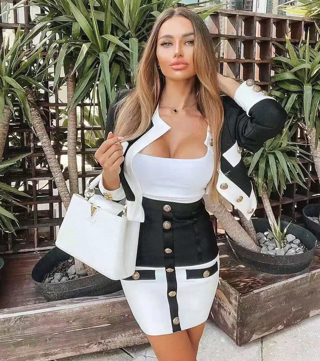 2023 Black White Patchwork Buttons Short Coat And Mini Skirt Set Elegant Woman Date Dinner Vestido Weekends Wine Party Outfit