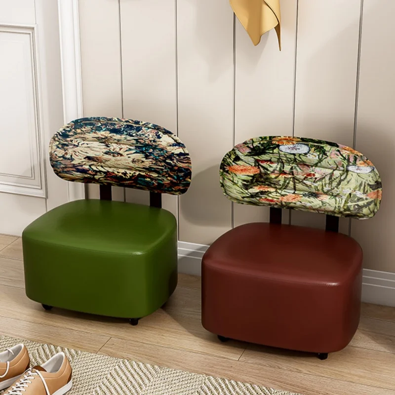 Solid Wood Roller Stool Multi-functional Shoe Changing Stool Casual Backrest Chair Leather Accent Chair with Wheels New