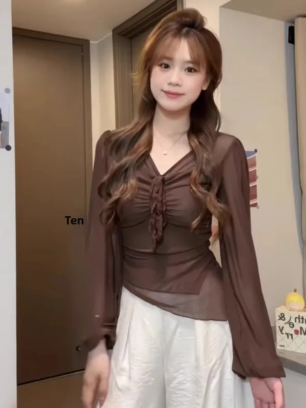 plus Size Women's V-Ne T-irt Slim Fit Long Sve Irregular Hemline Korean Sle Commute Faion Pure Desire Trendy Top