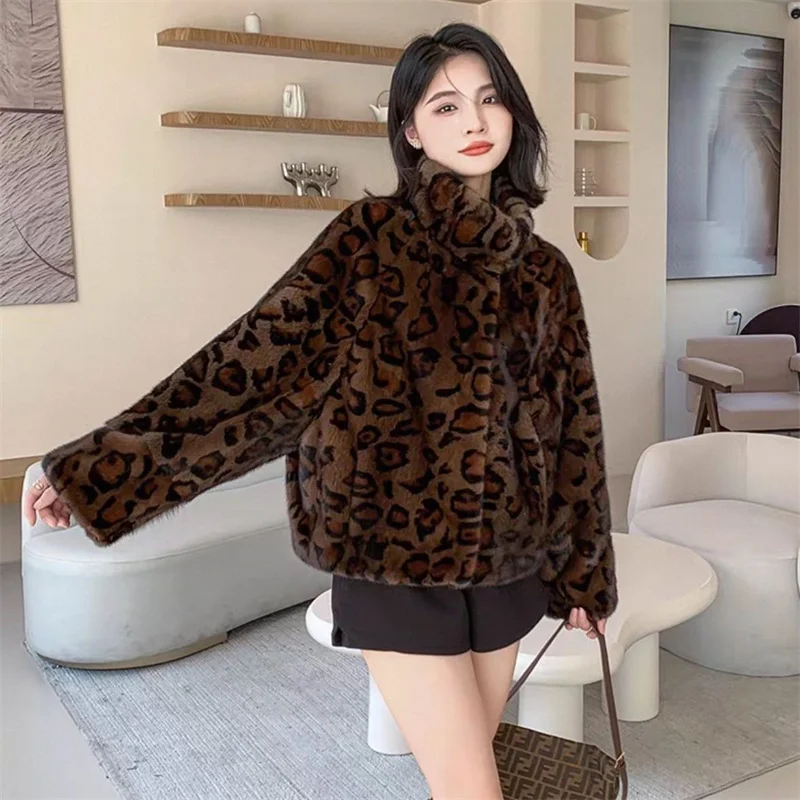 Leopard-print Fur Coat Women's Short Mink Fur Jacket Autumn Winter Stand-up Collar Thicken Casual Outerwear Faux Fur Overcoat
