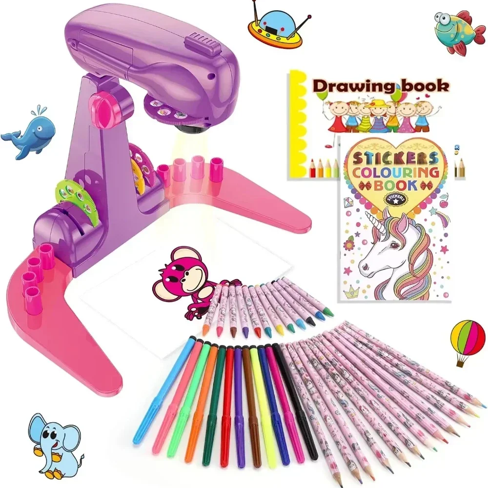 Kit d'art et d'artisanat Projecteur de dessin pour enfants, comprenant des crayons de couleur, des crayons, des livres de coloriage, un kit de dessin cadeau pour garçons et filles