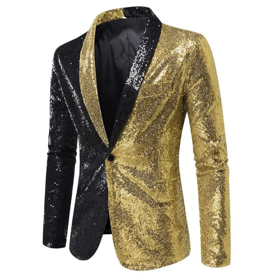 Shiny Gold Sequins Blazer for Men\'s New Slim Fitting Splicing Men\'s Suit Night Club Party DJ Stage Singer Dance Show Dress Homme