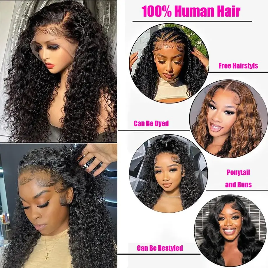30Inch Natural Black Loose Deep Wave 13x6 Hd Transparent Lace Frontal Wig 200 Density Water Wave Curly Brazilian Human Hair Wigs