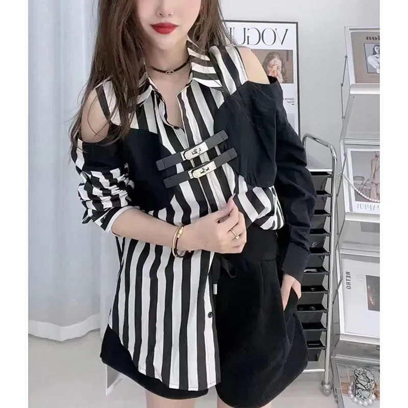 Stylish Lapel Button Spliced Off Shoulder Striped Shirt Female Clothing 2023 Autumn New Loose Casual Tops Fake Two Pieces Blouse