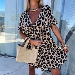 Spring Retro Leopard Print Office Lady Dress Sexy V Neck Loose A-Line Mini Dress Summer Short Sleeve Backless Button Women Dress