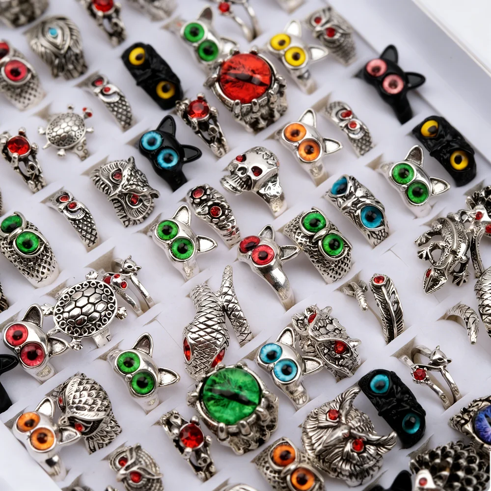 10/20/30/50Pieces Punk Retro Owl Eye Rings Set For Men Women Mix Style Vintage Skull Dragon Open Ring Jewelry Party Gifts