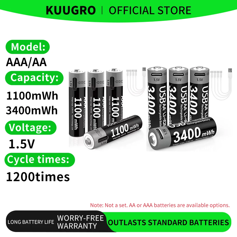 Kuugro Li-ion AAA and AA Rechargeable Batteries USB Lithium-ion 3400mWh 1.5V AA Rechargeable Batteries+1100mWh 1.5V AAA Battery