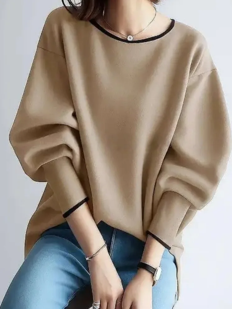 Camiseta japonesa Sle Long Sve redonda Ne Overhead para mujer Faionable Color adelgazante Blo Ci Walk Poliéster versátil...