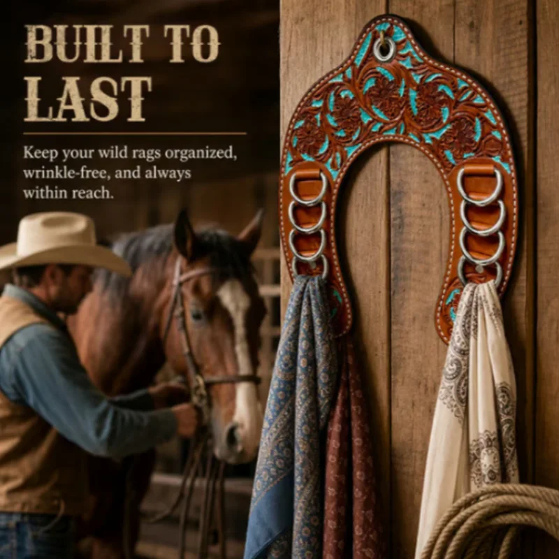Western Cowboy Leather Horseshoe Hanger Wild Rag Scarf Organizer Wall Mount Fabric Bandana Display Rack Handmade Rustic Art New