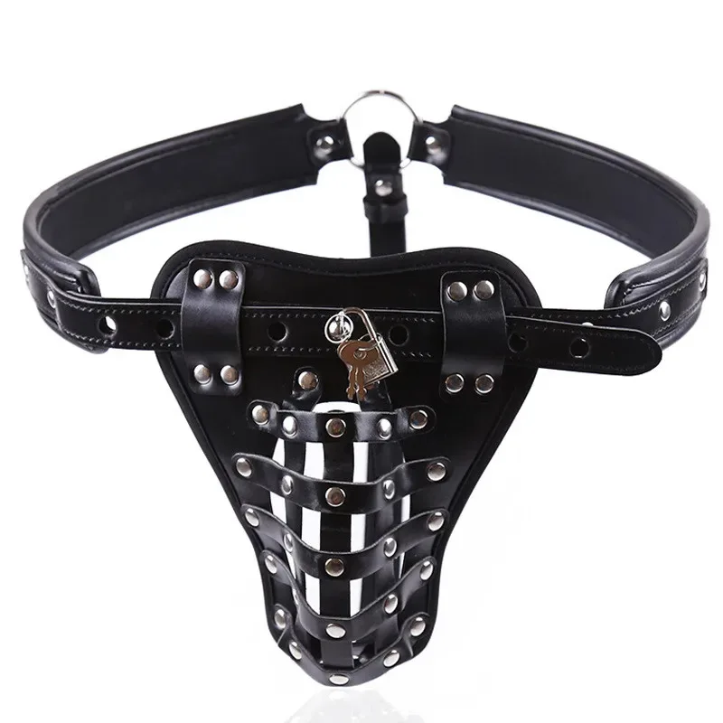 PU Leather Male Chastity Belt Device with Penis Lock And Rings BDSM Bondage Underwear for Men's Erotic Adult Games 18+ - view 2