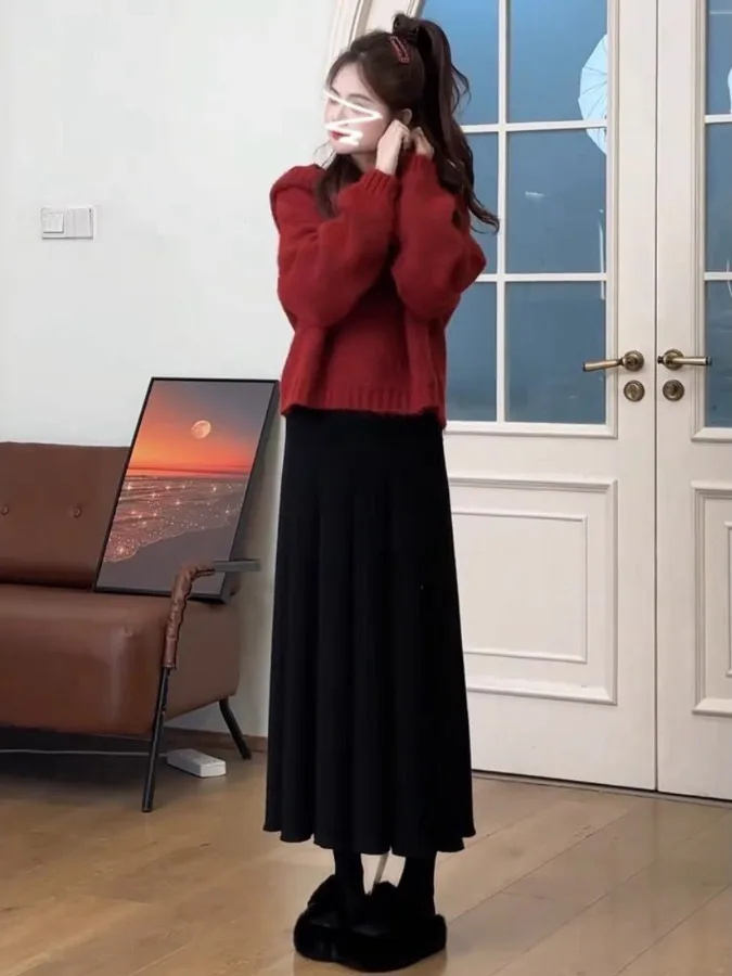 Loose Fit Red Kapuzenpullover Damen Herbst Winter ort Strickoberteil Easy Wear Casual Sle Fce Gefütterter Hoodie Neujahrsfa...