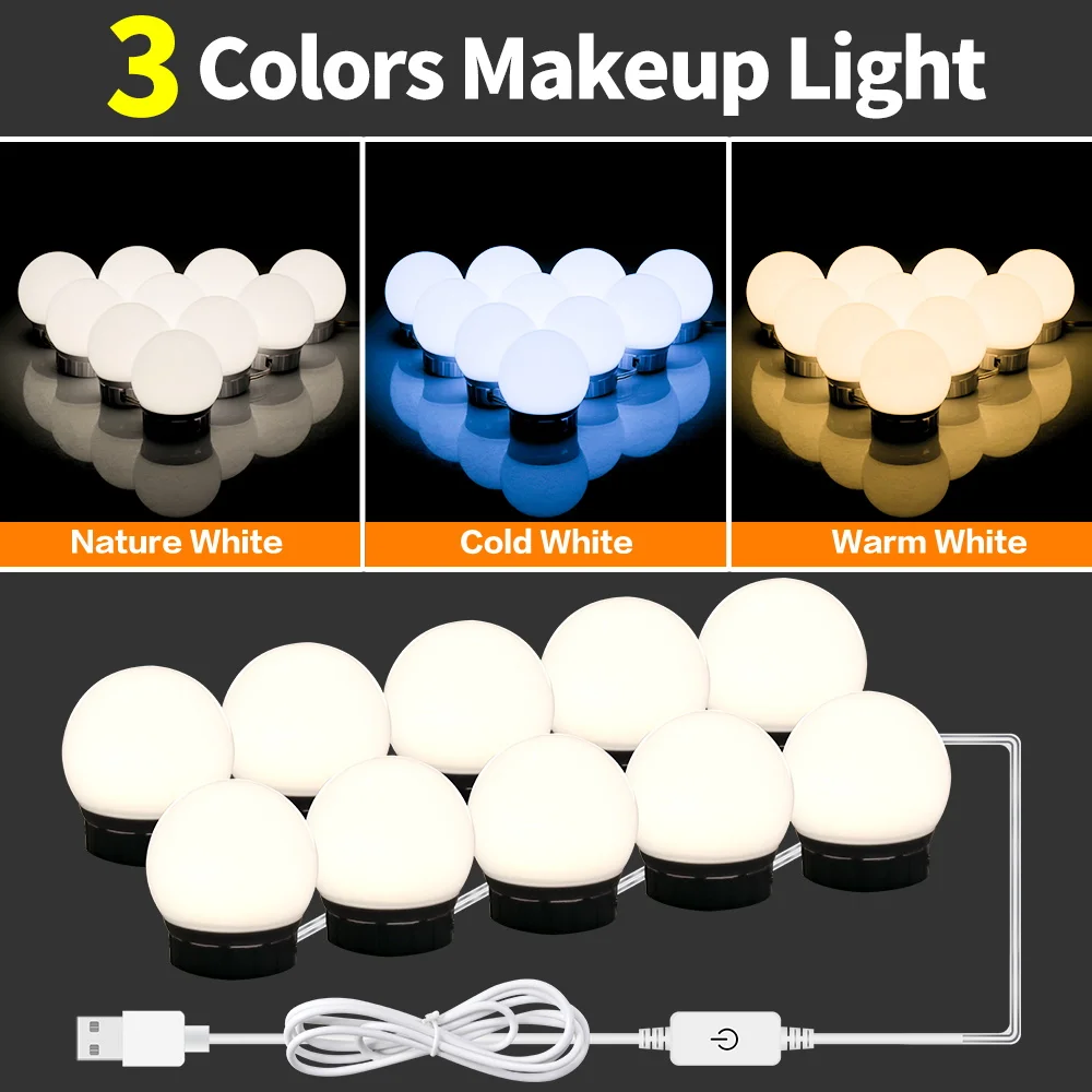 

Led USB Vanity Mirror Lamp Bedroom Decor Makeup Mirror Led Light Bathroom Dressing Table Vanity Bulb 3 Colors Stepless Dimmable