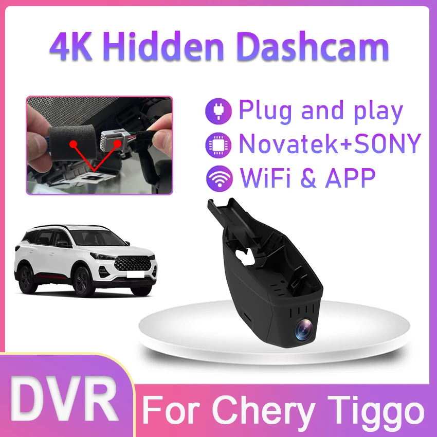 4K UHD Neuer Plug-and-Play WLAN Auto-DVR-Videorekorder Dual-Objektiv-Dashcam für Chery Tiggo 4 7 8 2020 2021 2022 2023 Steuerung per App
