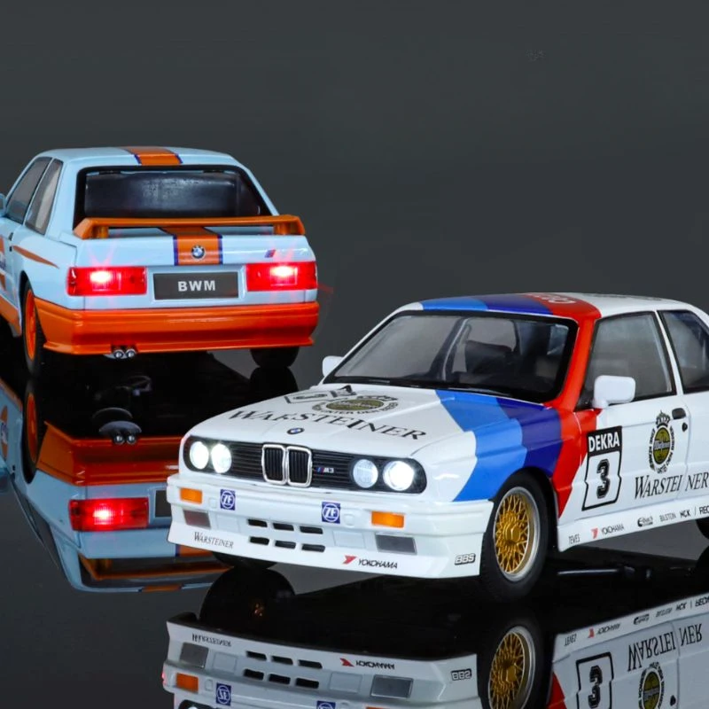 1:24 BMW M3 E30 1987 DTM aluminiowy model samochodu dźwięk i światło wycofać zabawki dla dzieci kolekcje prezent urodzinowy