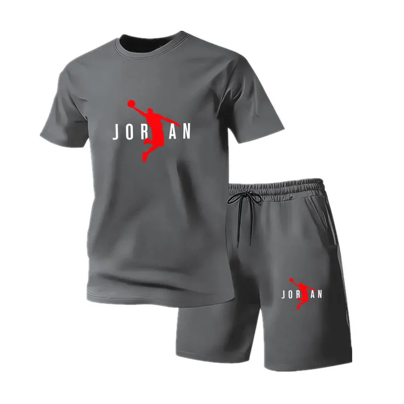 

2026 new men's summer fashion trend casual sports two-piece set youth men's short sleeved T-shirt+shorts set Translation: