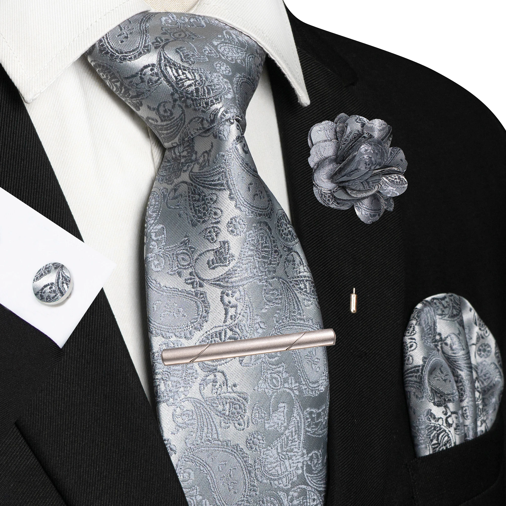 Champagne Floral Paisley Silk Elegant Tie For Men Groom Wedding Men Necktie Pocket Square Cufflink Brooch Tie Clip Accessory