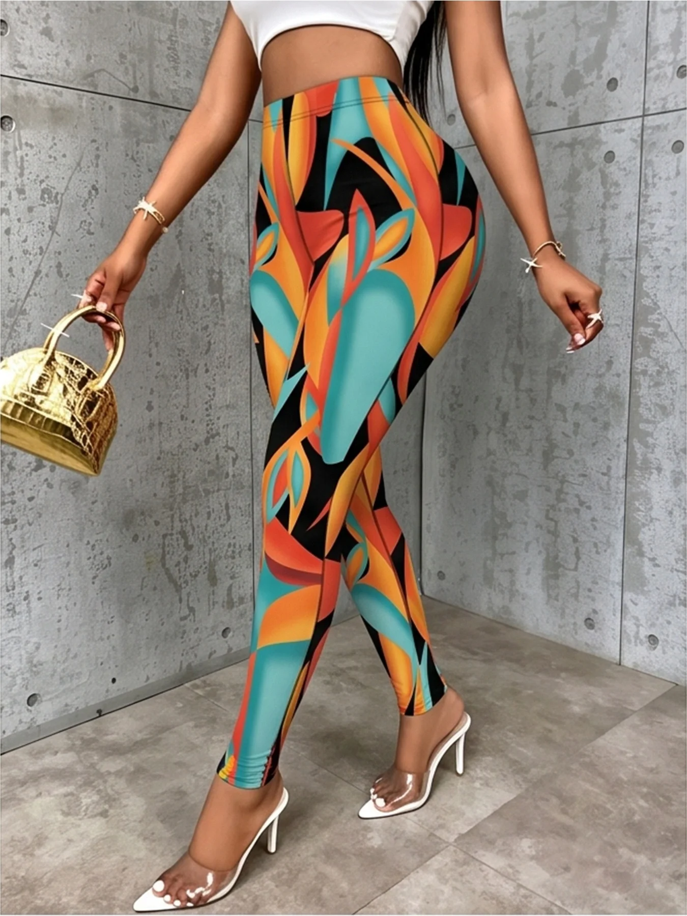 Women Colorful Geometric Abstract Print Leggings Skinny Pants Stretchy High Waist Party Trendy Fashionable Daily Streetwear Chic