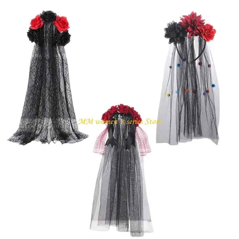 

Q39C Mexicans Rose Flower Crowns Headband with Black Veils Day of The Deads Headpiece