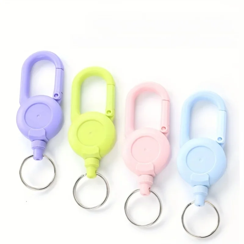 Blue elastic retractable key chain with easy-to-pull button, anti-lost and durable silk sliding rope suitable for outdoor and da