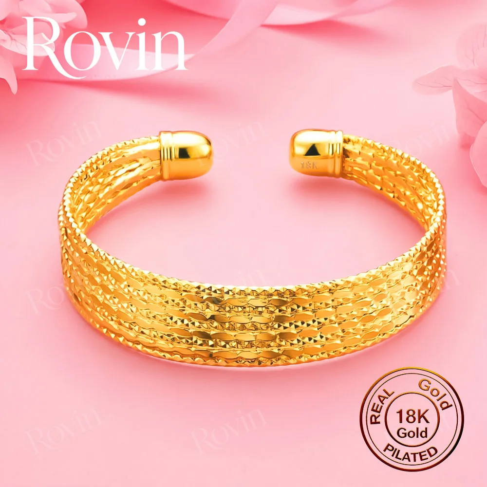 18K Gold Open Bangle with Exquisite Interwoven Diamond Pattern – Stylish Accessory for Women, Weddings, and Parties