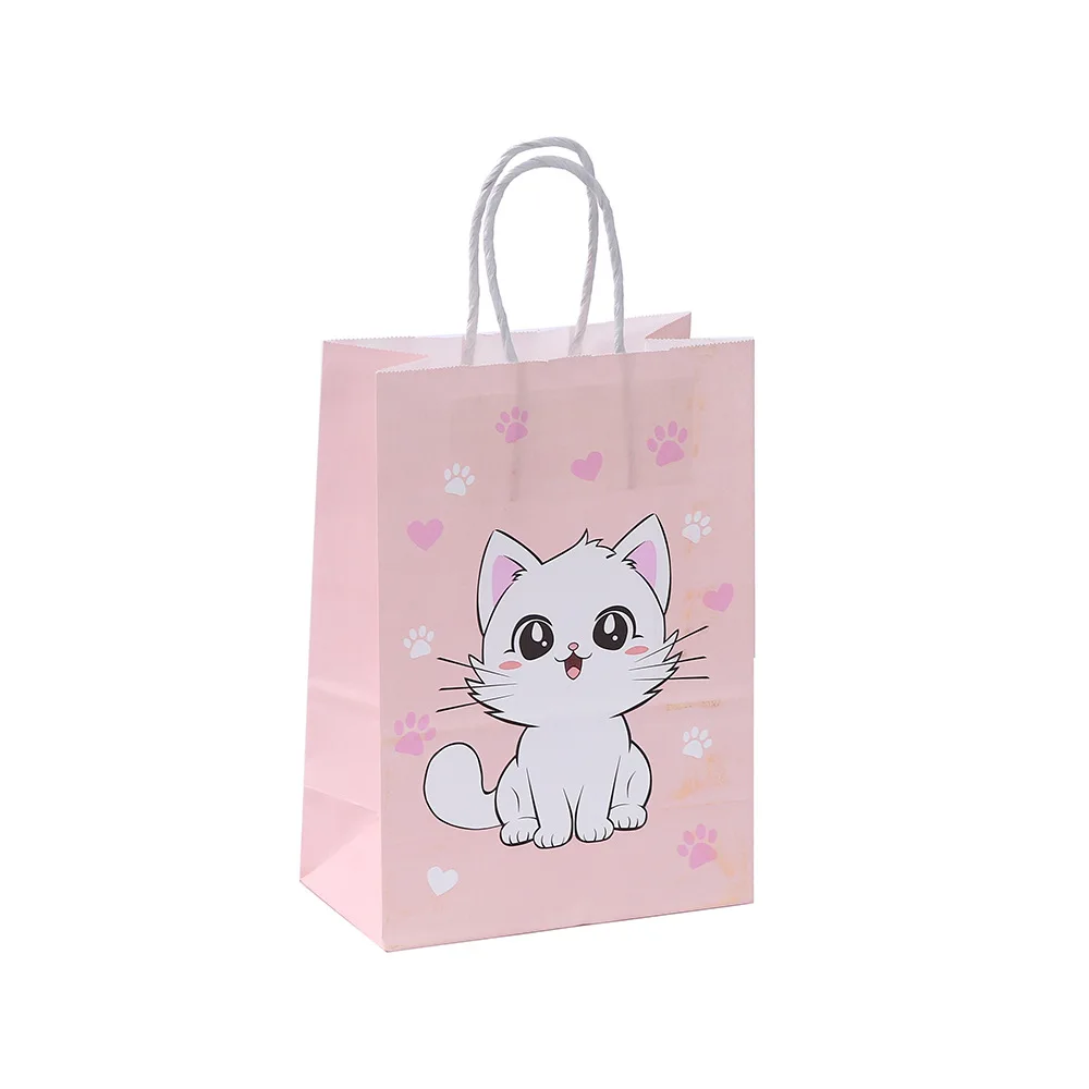 6Pcs Pink Colorful Cat Paw Print Paper Candy Bags Gift Bags With Handles For Animal Pet Theme Birthday Party Decorations Favors