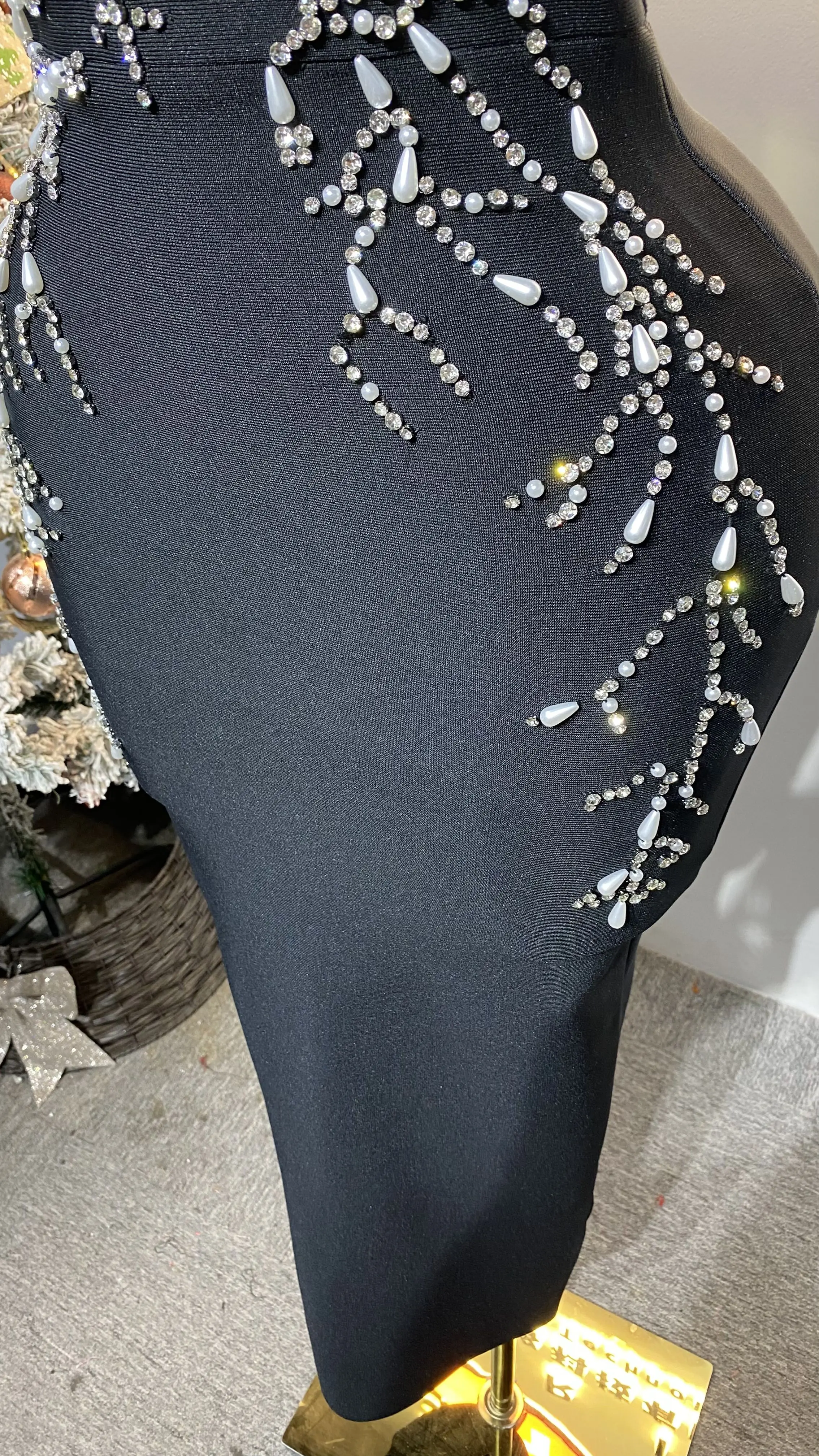 Black sparkly rhinestone spaghetti strap dress, luxurious crystal bandage dress for women.-GZXX231