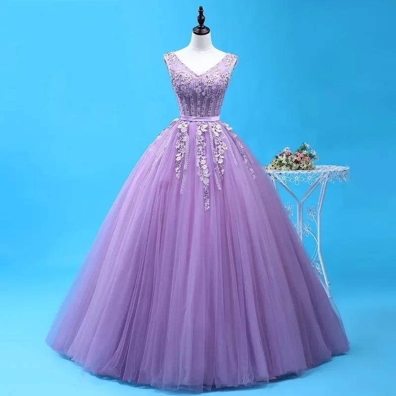 Vestidos de quinceañera lilas con cuello en V para 15 fiestas, apliques de flores 3D formales, hasta el suelo, Tull dulce 16, vestidos de princesa, Sexy