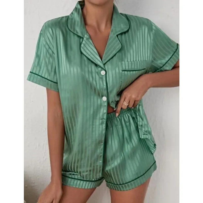 

Pyjamas Set for Women Striped Sexy Loungewear Spring Summer Printed Cardigan Short Sleeve Shorts Romantic Women Nightwear Large