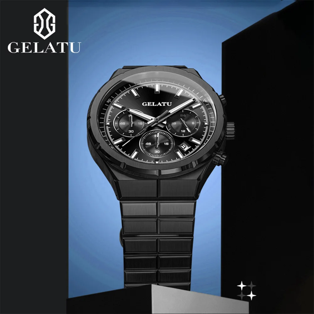 GELATU 8001 Man Watch Solid Stainless Strap Waterproof Luminous Classic Chronograph Quartz Watches for Men High-end Men's Watch