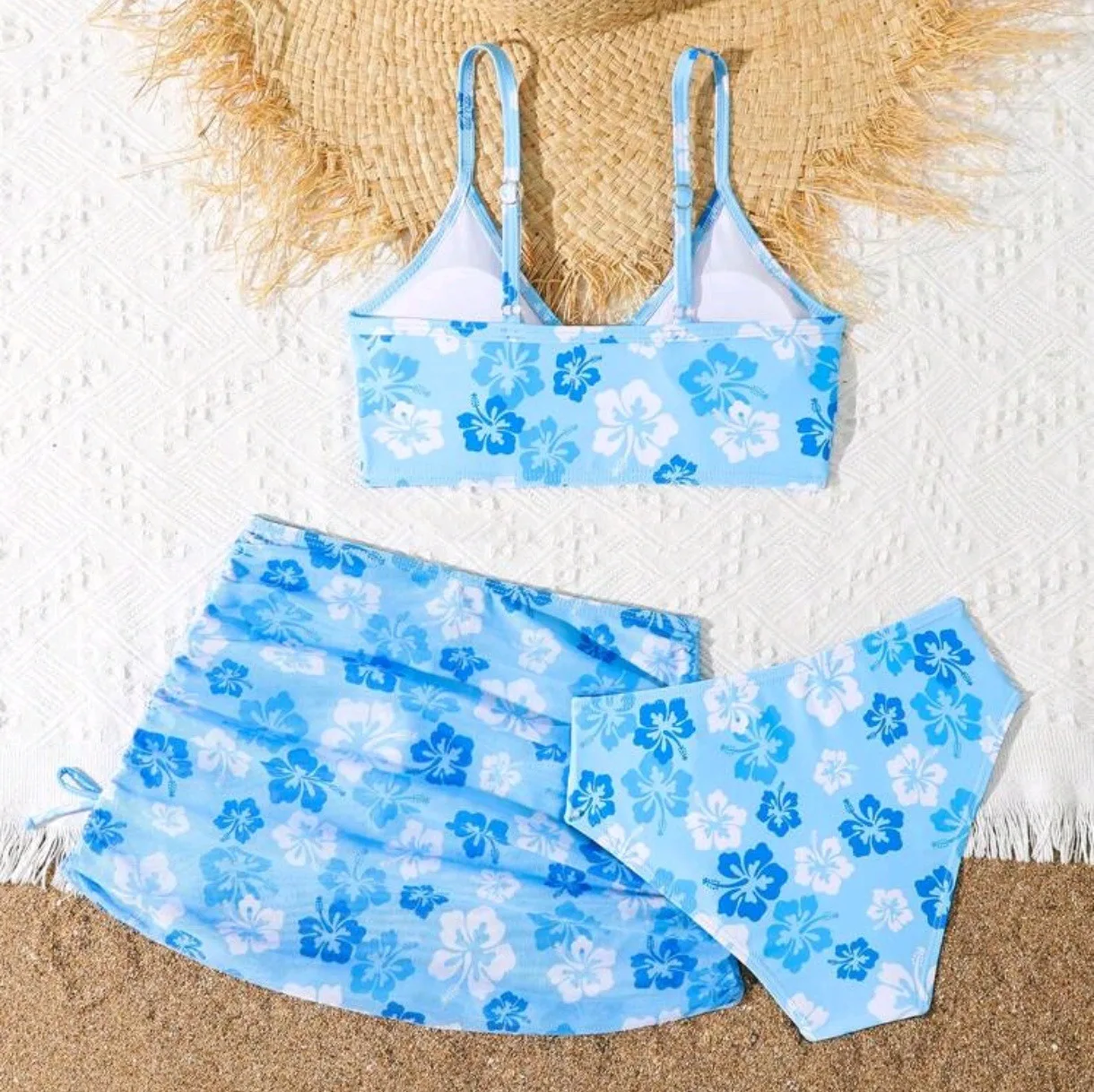 Set bikini per ragazze con stampa floreale da 3 pezzi Costume da bagno per bambini Gonne da spiaggia 7-12 anni Costumi da bagno per bambini 2025 Costume da bagno per ragazza adolescente