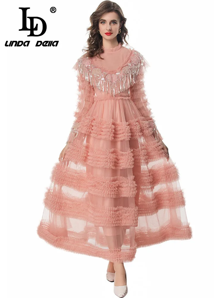 LD LINDA DELLA 2024 New Style Runway Designer Dress Women's Vintage Elegant Net Yarn Sequins Tassel Cascading Ruffle Dresses