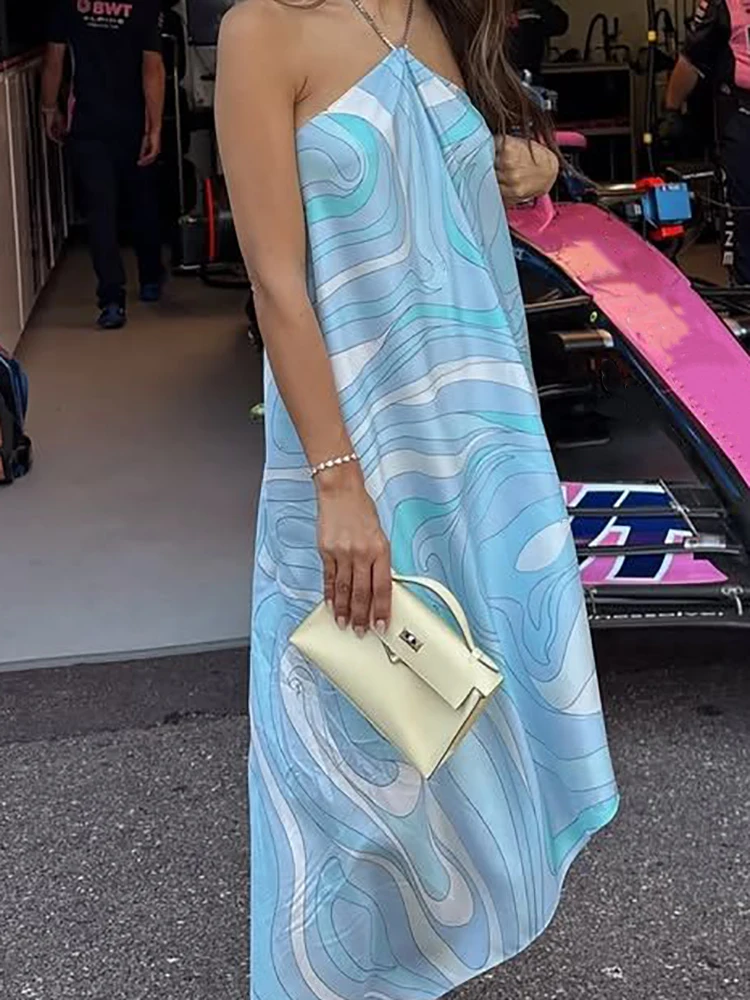 Abito maxi irregolare con stampa patchwork retrò, abito da festa casual senza maniche primavera estate da donna, abito da donna sexy senza schienale con scollo all'americana