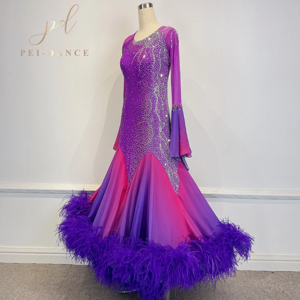 2024 New Shading Purple On pink Standard Ballroom Modern Waltz Dance Competition Dress Lady Dancing Skirt With Feather