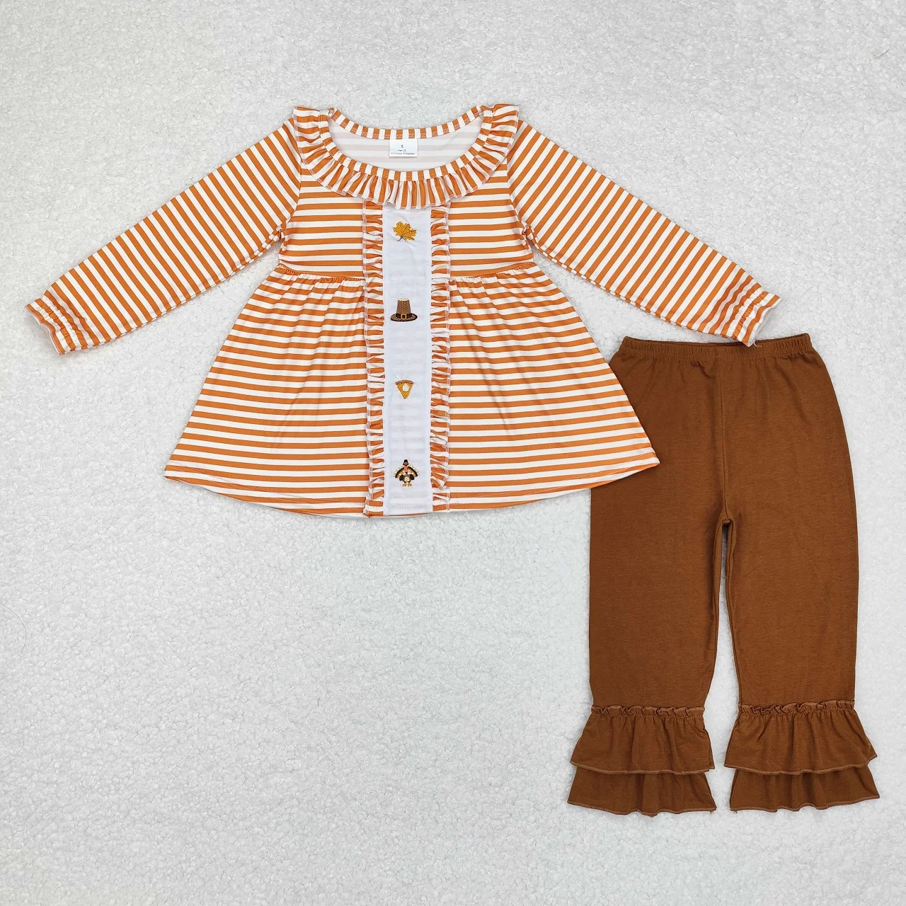 

Wholesale Toddler Kid Thanksgiving Embroidery Outfit Baby Girl Long Sleeves turkey Stripes Tops Infant Children Cotton Pants Set